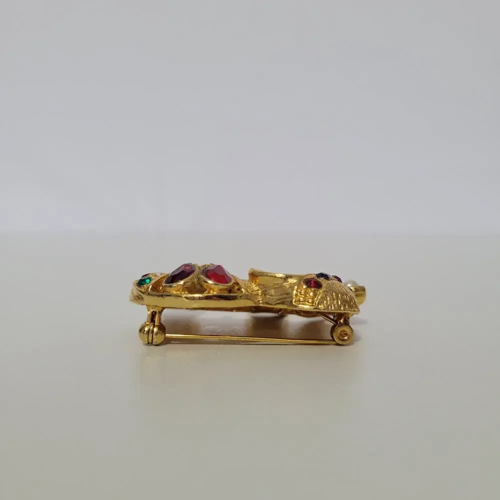Vintage Elephant Gold Tone Brooch w Multicolor Stones Faux Pearl Mogul Statement